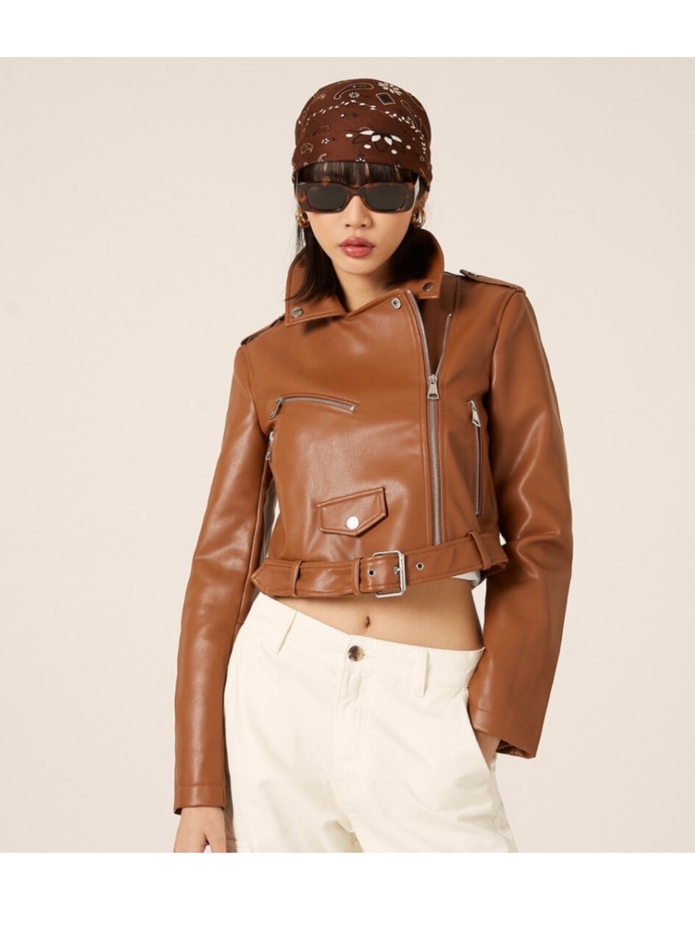 Stoosh Tan Faux Leather Moto Jacket with Belt size xl